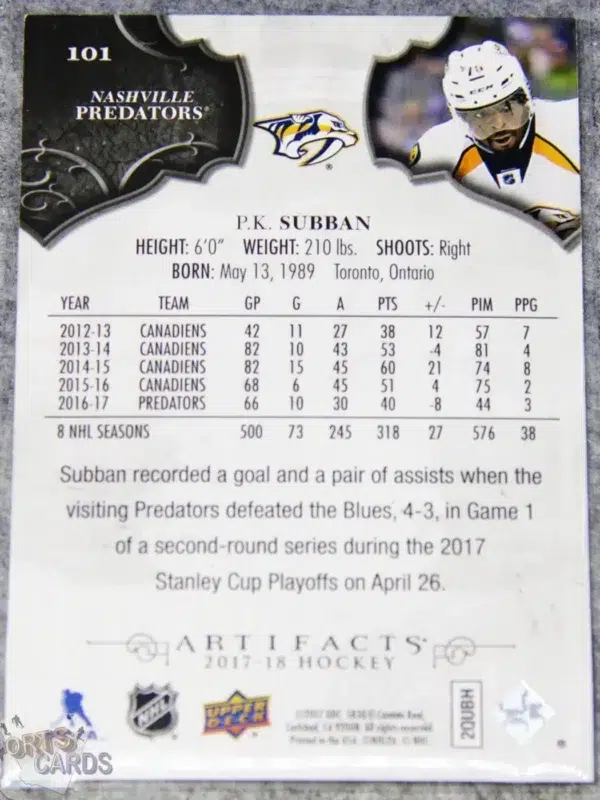 Alternative view of 2017-18 P.K. Subban #101 Upper Deck Artifacts /599