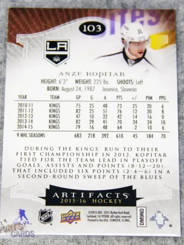 Alternative view of 2015-16 Anze Kopitar #103 Upper Deck Artifacts Ruby /399