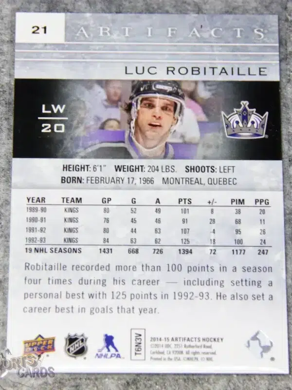 Alternative view of 2014-15 Luc Robitaille #21 Upper Deck Artifacts Ruby /599