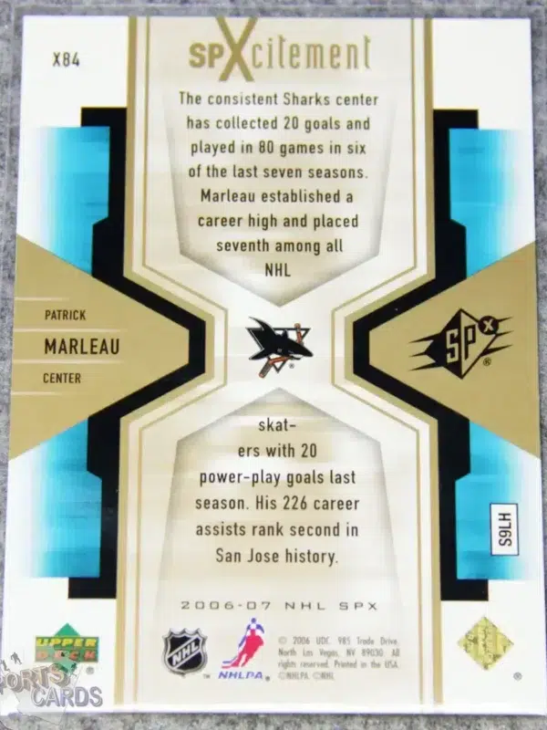 Alternative view of 2006-07 Patrick Marleau #X84 Upper Deck SPx SPxcitement /999
