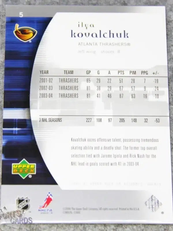 Alternative view of 2005-06 Ilya Kovalchuk #5 Upper Deck SP Authentic LTD /100