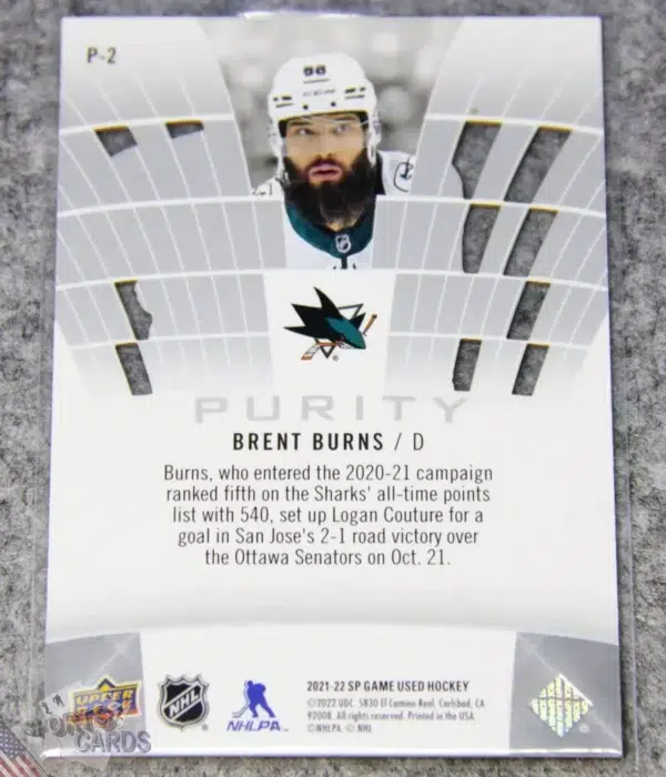 Alternative view of 2021-22 Brent Burns #P-2 Upper Deck SP Game Used Edition Purity
