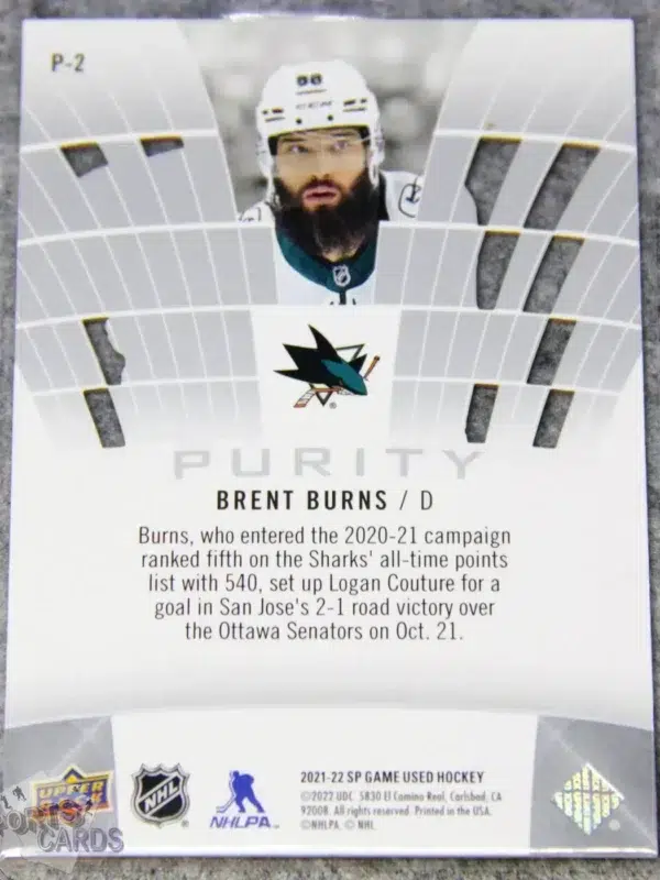 2021-22 Brent Burns #P-2 Upper Deck SP Game Used Edition Purity-back