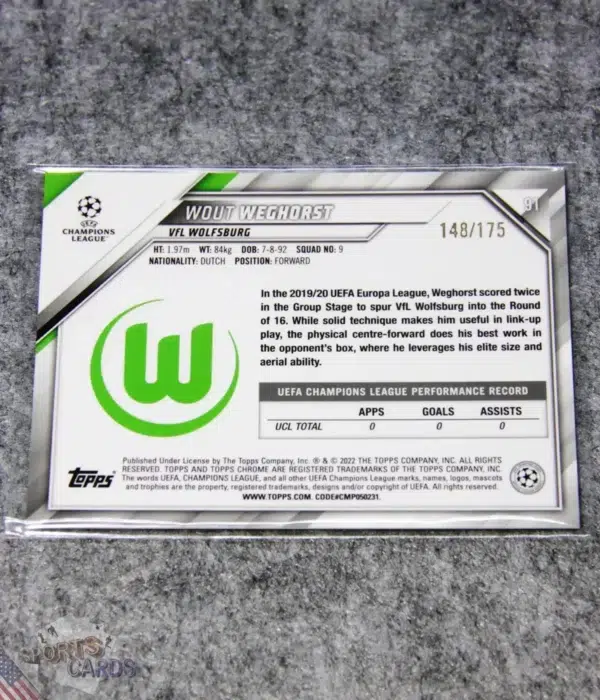 Alternative view of 2021-22 Wout Weghorst #91 Topps UEFA Champions League Pink Mini-Diamond /175