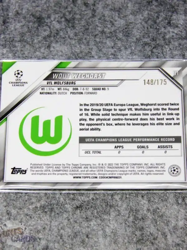 2021-22 Wout Weghorst #91 Topps UEFA Champions League Pink Mini-Diamond /175-back