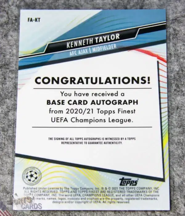 2020-21 Kenneth Taylor #FA-KT Topps Finest UEFA Champions League Autograph RC-back