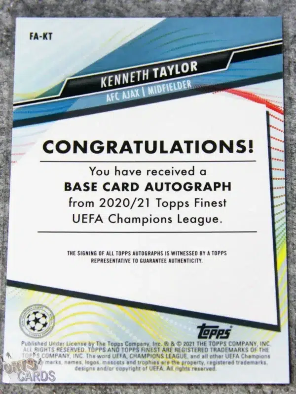 2020-21 Kenneth Taylor #FA-KT Topps Finest UEFA Champions League Autograph RC-back