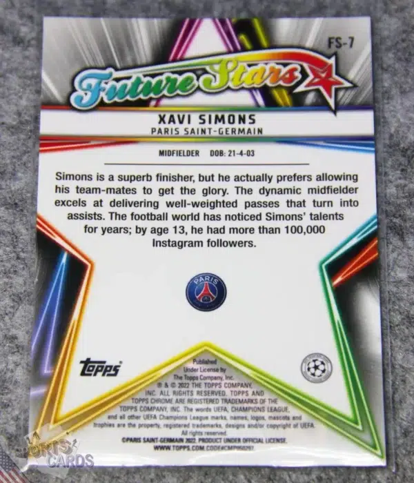 2021-22 Xavi Simons #FS-7 Topps Chrome UEFA Champions League Future Stars-back