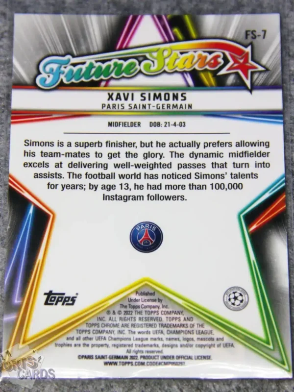 2021-22 Xavi Simons #FS-7 Topps Chrome UEFA Champions League Future Stars-back