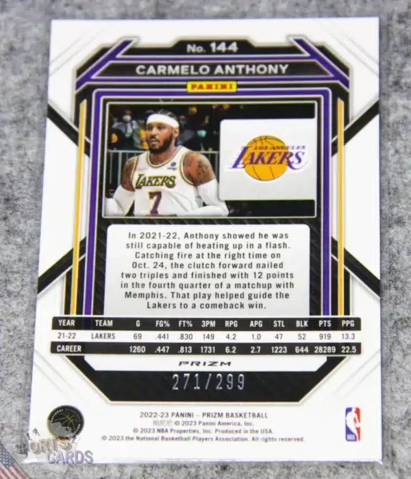 Alternative view of 2022-23 Carmelo Anthony #144 Panini Prizm Red Prizm /299