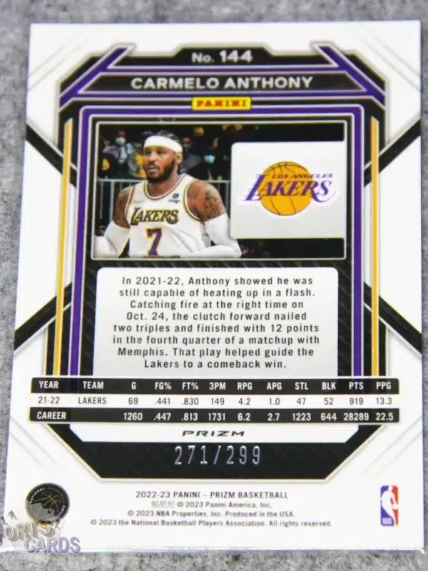 Alternative view of 2022-23 Carmelo Anthony #144 Panini Prizm Red Prizm /299