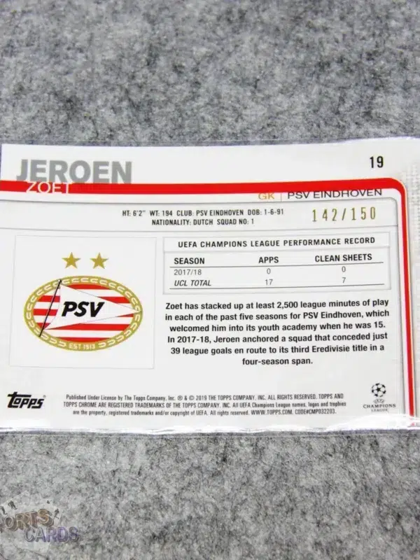 2018-19 Jeroen Zoet #19 Topps Chrome UEFA Champions League Wave Blue /150-back