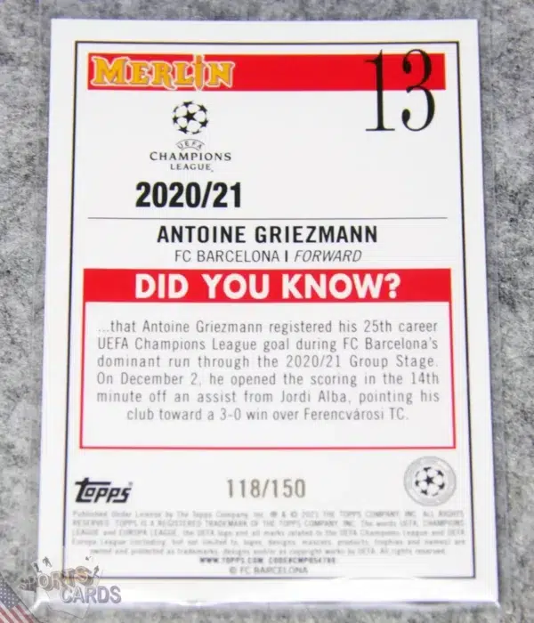 Alternative view of 2020-21 Antoine Griezmann #13 Topps Merlin UEFA Champions League Mini Diamond Refractor /150