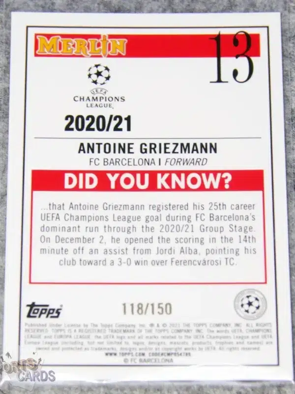 2020-21 Antoine Griezmann #13 Topps Merlin UEFA Champions League Mini Diamond Refractor /150-back