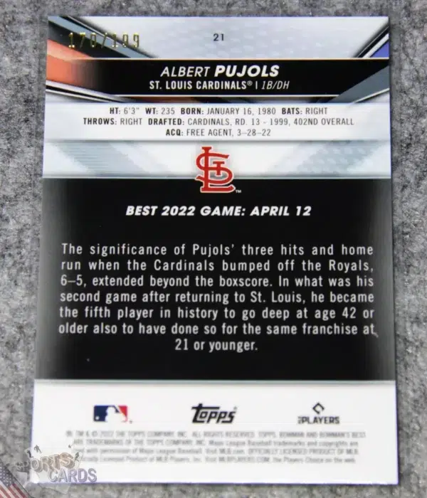 Alternative view of 2022 Albert Pujols #21 Topps Bowman's Best Aqua Lava Refractor /199