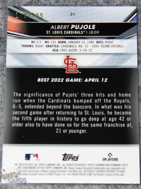 2022 Albert Pujols #21 Topps Bowman's Best Aqua Lava Refractor /199-back