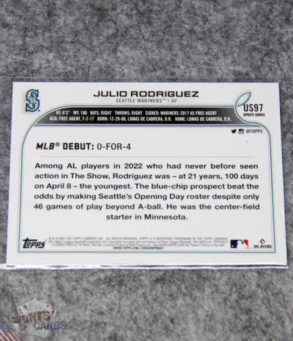 Alternative view of 2022 Julio Rodriguez #US97 Topps Update Series RC