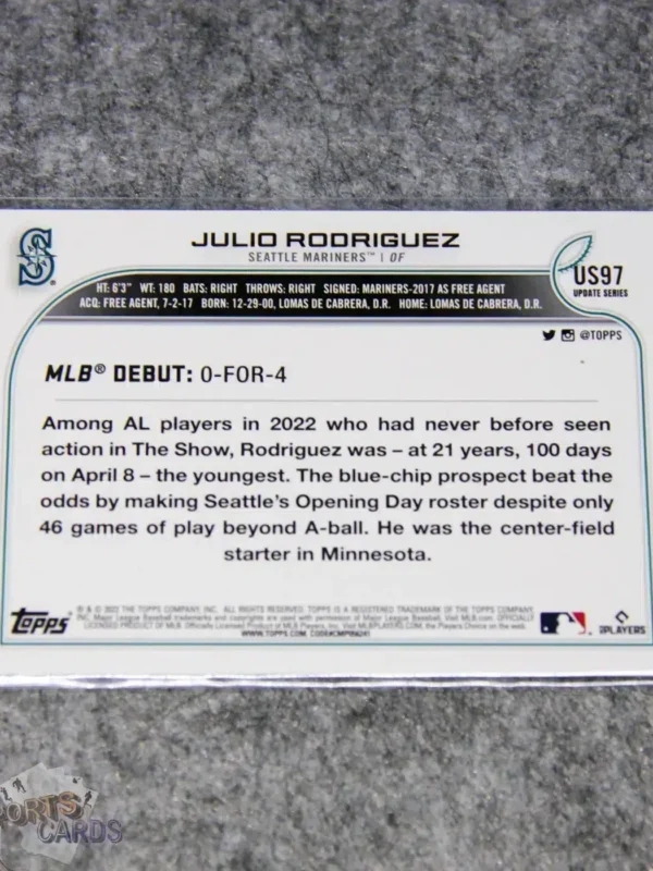 2022 Julio Rodriguez #US97 Topps Update Series RC-back