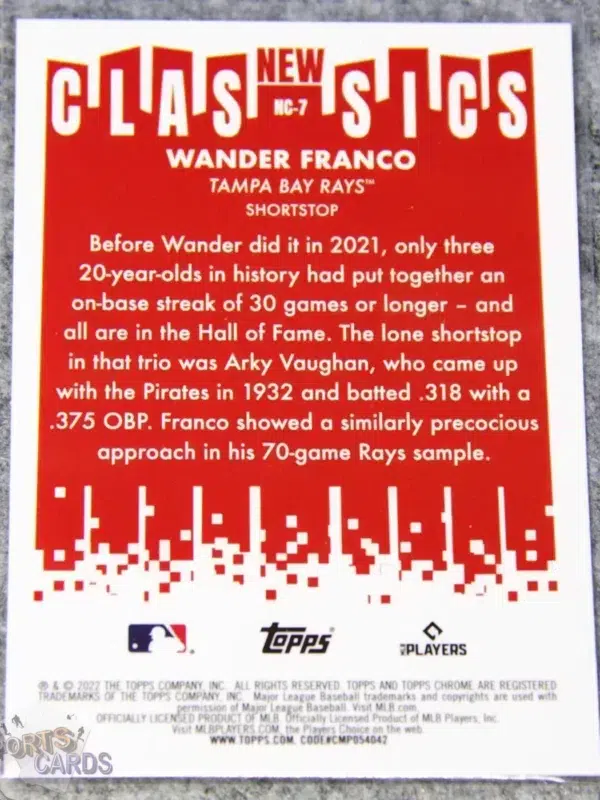 2022 Wander Franco #NC-7 Topps Chrome New Classics RC-back