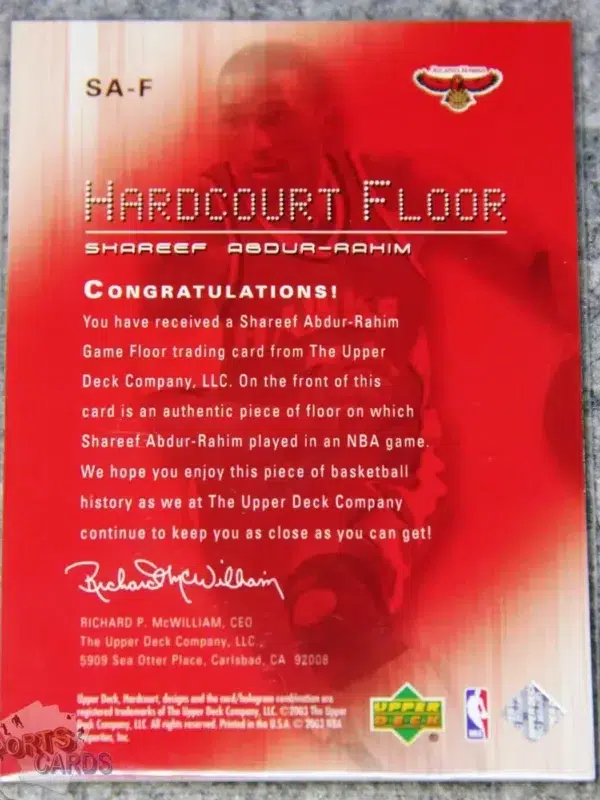 Alternative view of 2003-04 Shareef Abdur-Rahim #SA-F Upper Deck Hardcourt Floor