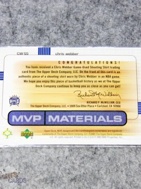 Alternative view of 2003-04 Chris Webber #CW-SS Upper Deck MVP Materials Shirts