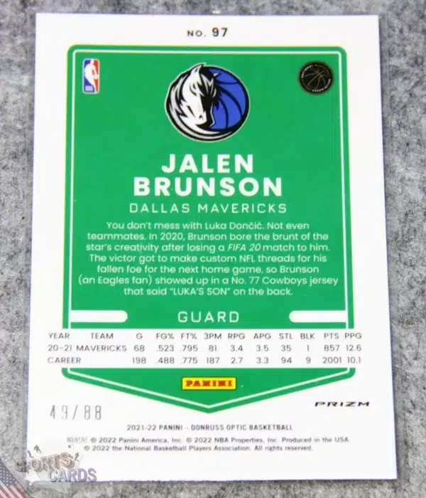 Alternative view of 2021-22 Jalen Brunson #97 Panini Optic Donruss Choice Mojo Red Prizm /88
