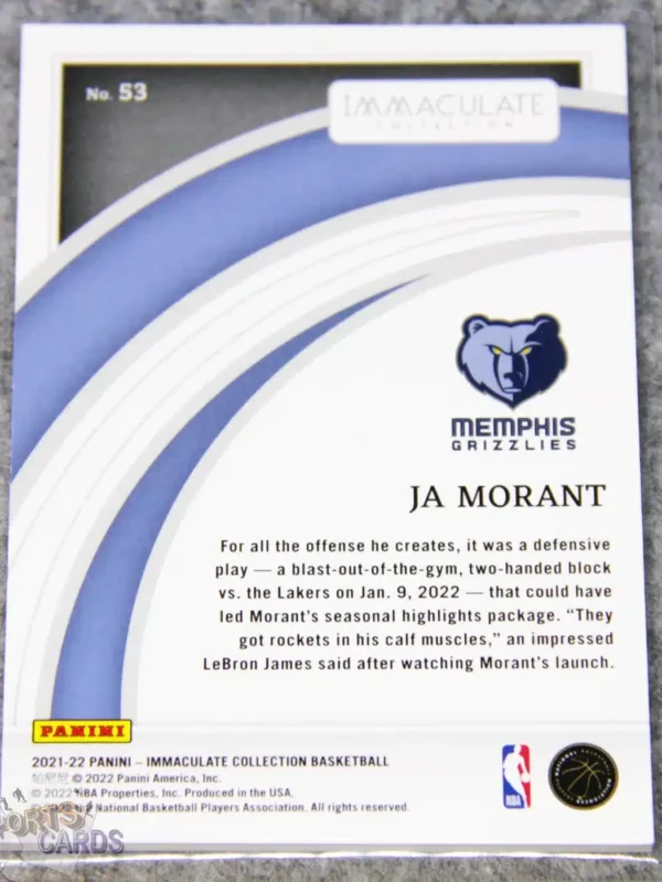 2021-22 Ja Morant #53 Panini Immaculate Collection /99-back
