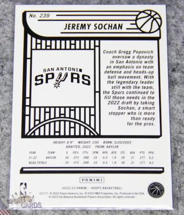Alternative view of 2022-23 Jeremy Sochan #239 Panini NBA Hoops Purple SP RC