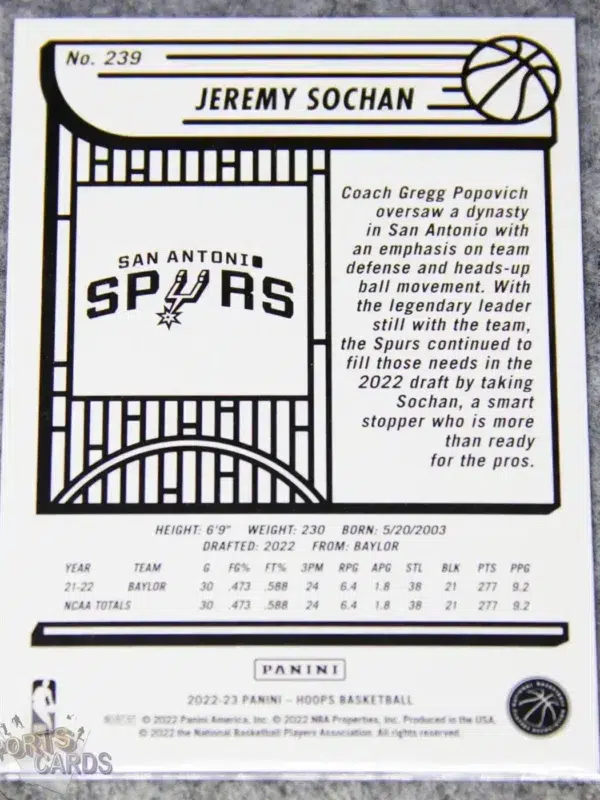 Alternative view of 2022-23 Jeremy Sochan #239 Panini NBA Hoops Purple SP RC