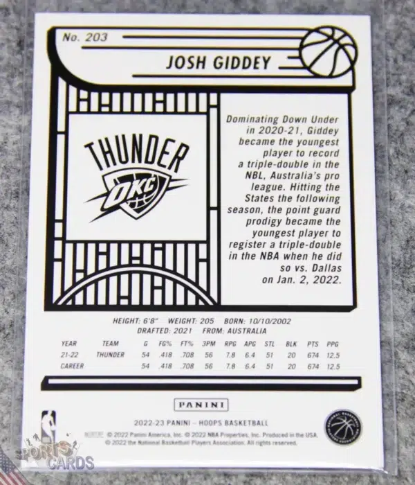 Alternative view of 2022-23 Josh Giddey #203 Panini NBA Hoops Silver Holo /199