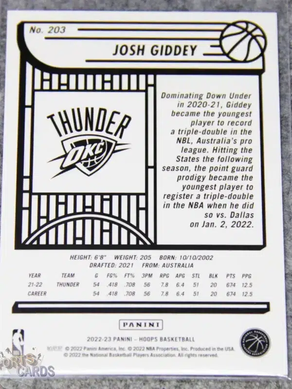 2022-23 Josh Giddey #203 Panini NBA Hoops Silver Holo /199-back