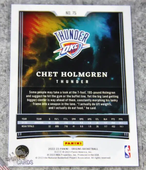 Alternative view of 2022-23 Chet Holmgren #75 Panini Origins RC