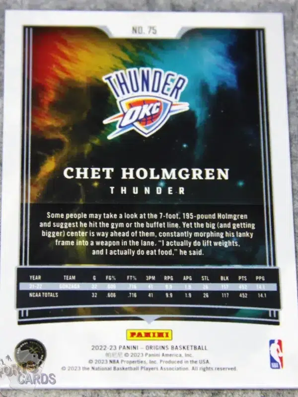 Alternative view of 2022-23 Chet Holmgren #75 Panini Origins RC