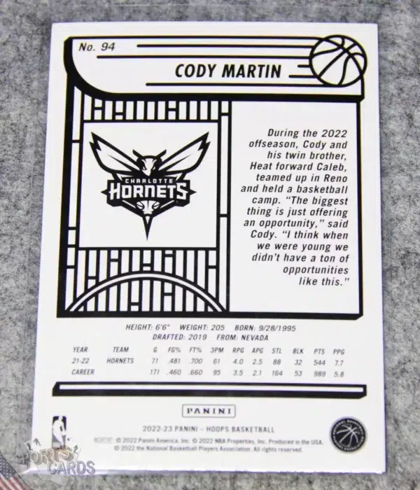 2022-23 Cody Martin #94 Panini NBA Hoops Blue SP-back