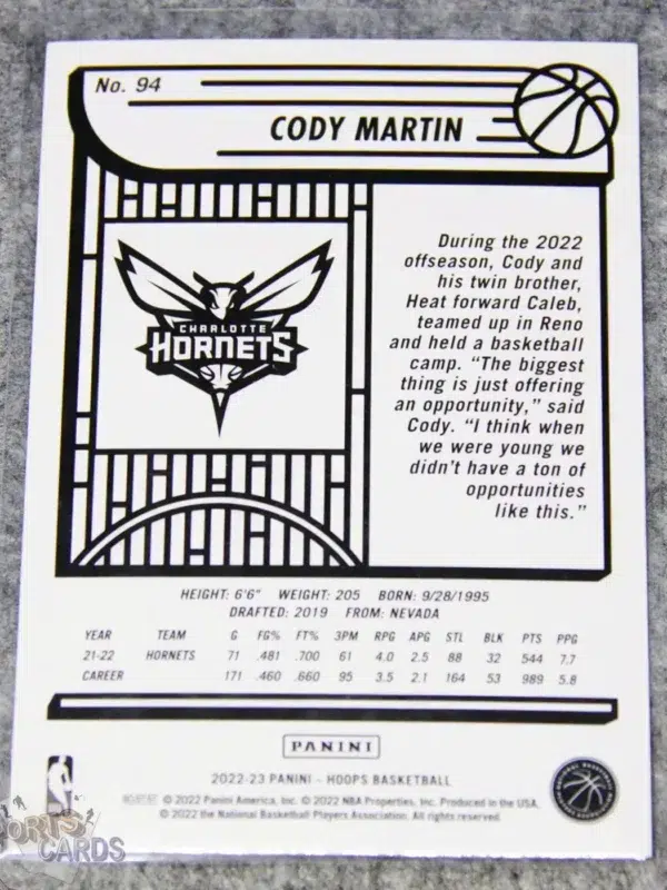 Alternative view of 2022-23 Cody Martin #94 Panini NBA Hoops Blue SP