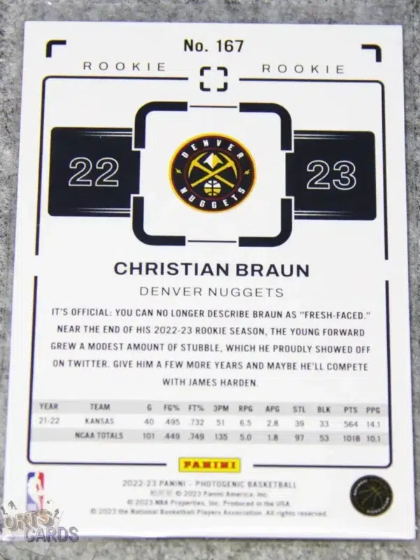 2022-23 Christian Braun #167 Panini Photogenic Rookie RC /999-back