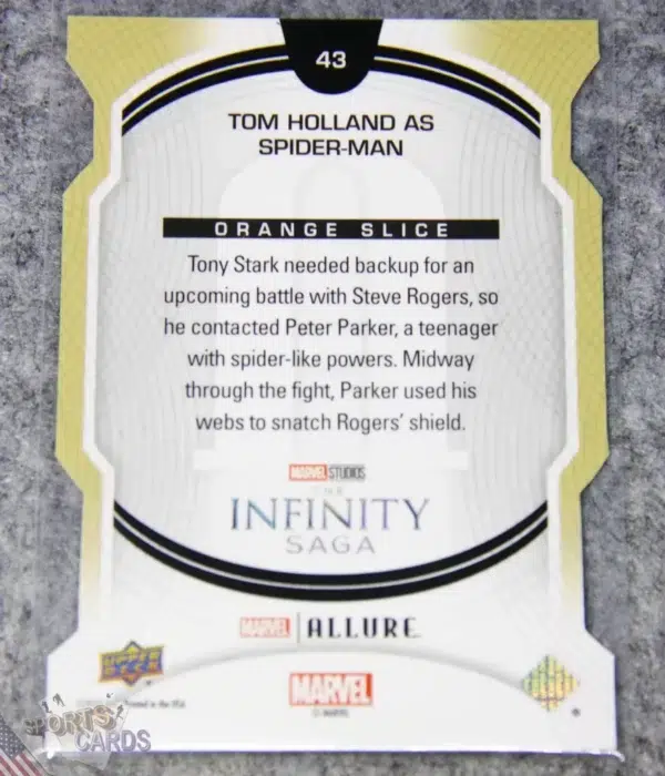 Alternative view of 2022 Tom Holland as Spider-Man #43 Upper Deck Marvel Allure Civil War Captain America Orange Slice Die-Cut