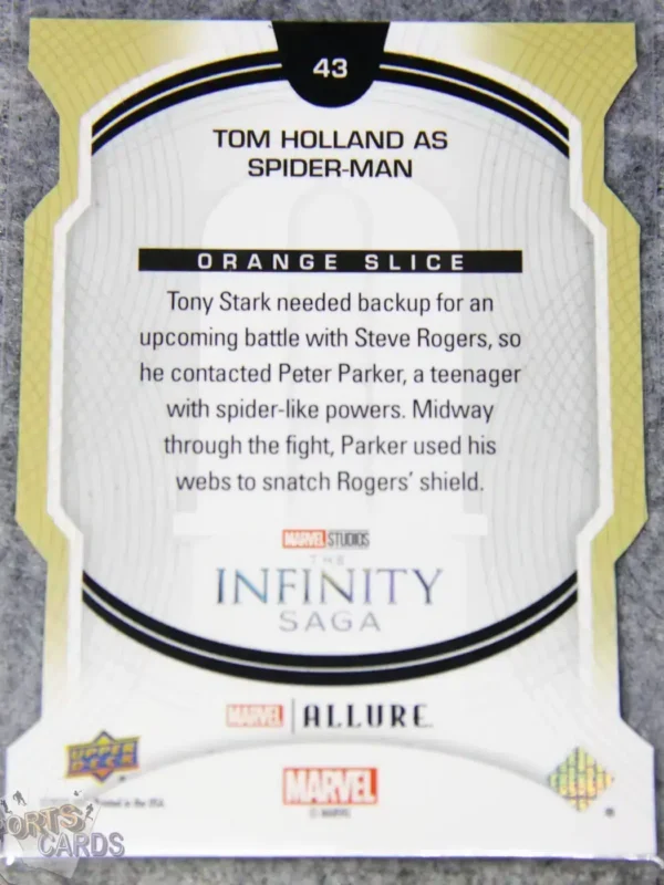 2022 Tom Holland as Spider-Man #43 Upper Deck Marvel Allure Civil War Captain America Orange Slice Die-Cut-back