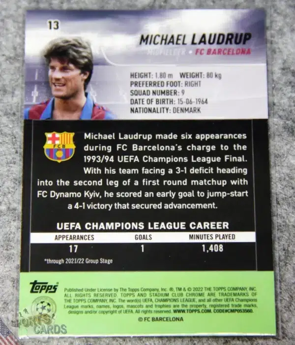 Alternative view of 2021-22 Michael Laudrup #13 Topps Stadium Club Chrome Blue Refractor