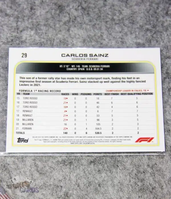 2022 Carlos Sainz #29 Topps Chrome F1 Scuderia Ferrari Purple Green Refractor SP-back