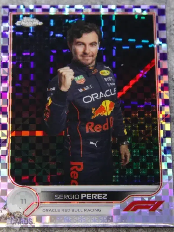 2022 Sergio Perez #21 Topps Chrome F1 Purple Checker Flag Refractor /199-front