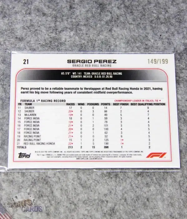 2022 Sergio Perez #21 Topps Chrome F1 Purple Checker Flag Refractor /199-back