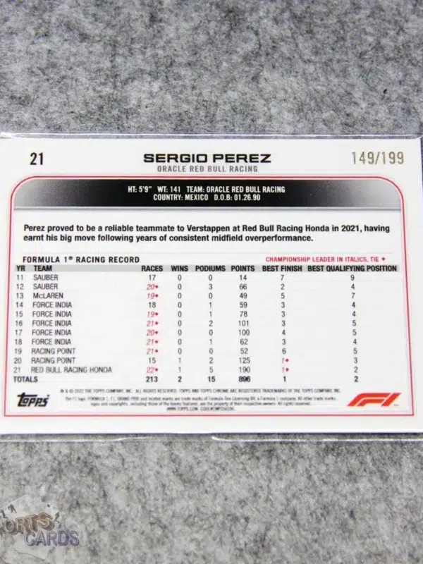 2022 Sergio Perez #21 Topps Chrome F1 Purple Checker Flag Refractor /199-back