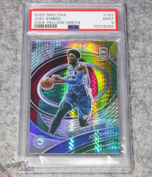 2020-21 Joel Embiid #163 Panini Spectra Spectracular Debut Yellow Green Prizm /75 PSA 9 MT POP 1