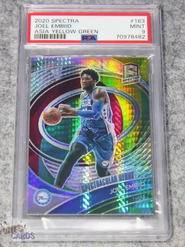 2020-21 Joel Embiid #163 Panini Spectra Spectracular Debut Yellow Green Prizm /75 PSA 9 MT POP 1-front