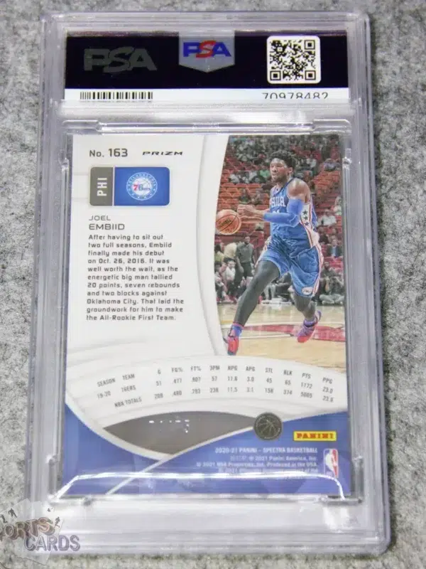 2020-21 Joel Embiid #163 Panini Spectra Spectracular Debut Yellow Green Prizm /75 PSA 9 MT POP 1-back
