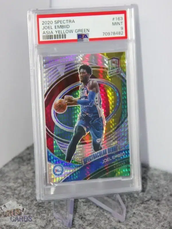 2020-21 Joel Embiid #163 Panini Spectra Spectracular Debut Yellow Green Prizm /75 PSA 9 MT POP 1-stand