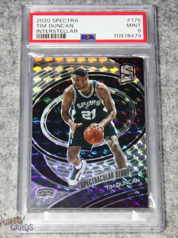 2020-21 Tim Duncan #175 Panini Spectra Spectracular Debut Interstellar Prizm /49 PSA 9 MT POP 1-front