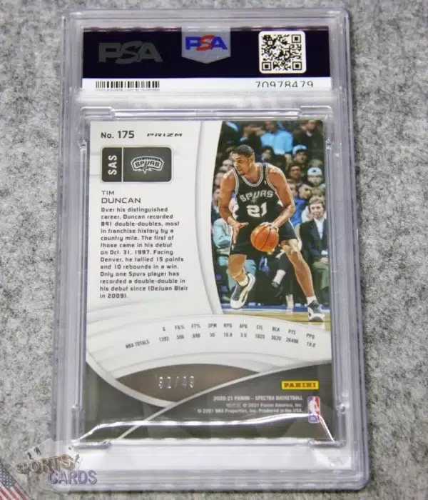 2020-21 Tim Duncan #175 Panini Spectra Spectracular Debut Interstellar Prizm /49 PSA 9 MT POP 1-back