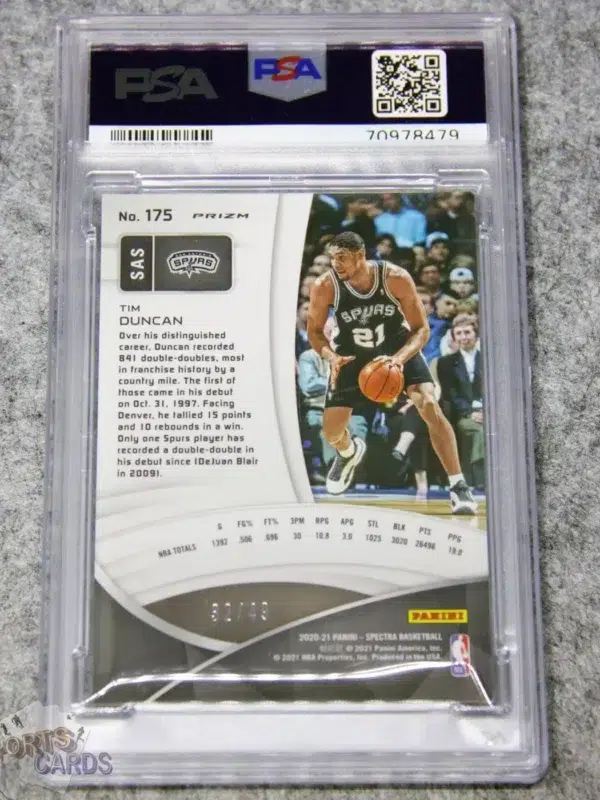 2020-21 Tim Duncan #175 Panini Spectra Spectracular Debut Interstellar Prizm /49 PSA 9 MT POP 1-back